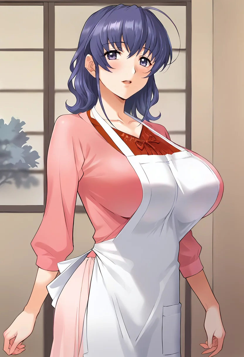 score_9, score_8_up, score_7_up, source_anime, masterpiece, 1girl, ct_haruka, blue hair, medium hair, large breasts, pink shirt, long sleeves, apron BREAK light pink long skirt, looking at viewer, indoors, japanese home, cowboy shot, <lora:HarukaOgihara_Pony_ct:1>