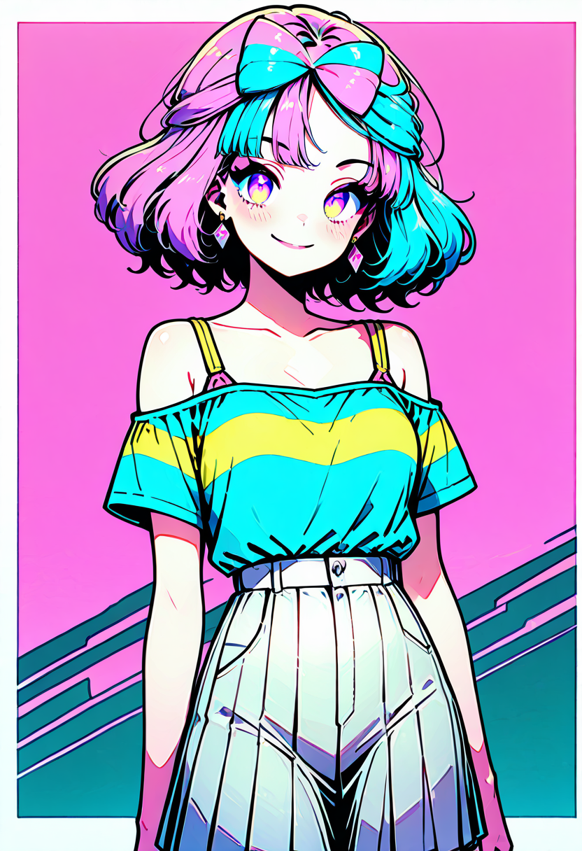 masterpiece, best quality, 1girl, solo, eyelashes, (beautiful eyes),   solo, 1girl, long hair, pink eyes, blue hair, pink hair, light blue hair, multicolored hair, bow-shaped hair, BREAK, smile, 1girl, solo, looking at viewer, blush, short hair, bangs, blue eyes, skirt, shirt, bare shoulders, jewelry, collarbone, short sleeves, grey hair, cowboy shot, pleated skirt, earrings, striped, off shoulder, makeup, white skirt, off-shoulder shirt, shirt tucked in, iono (pokemon) ,<lora:IonoPokemon_NAI:0.8>, zziono,  ,<lora:80sPopStyle_IXL_v1:1.0>,