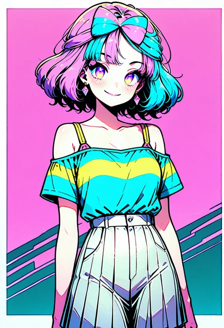 masterpiece, best quality, 1girl, solo, eyelashes, (beautiful eyes), solo, 1girl, long hair, pink eyes, blue hair, pink hair, light blue hair, multicolored hair, bow-shaped hair, BREAK, smile, 1girl, solo, looking at viewer, blush, short hair, bangs, blue eyes, skirt, shirt, bare shoulders, jewelry, collarbone, short sleeves, grey hair, cowboy shot, pleated skirt, earrings, striped, off shoulder, makeup, white skirt, off-shoulder shirt, shirt tucked in, iono (pokemon) ,<lora:IonoPokemon_NAI:0.8>, zziono, ,<lora:80sPopStyle_IXL_v1:1.0>,