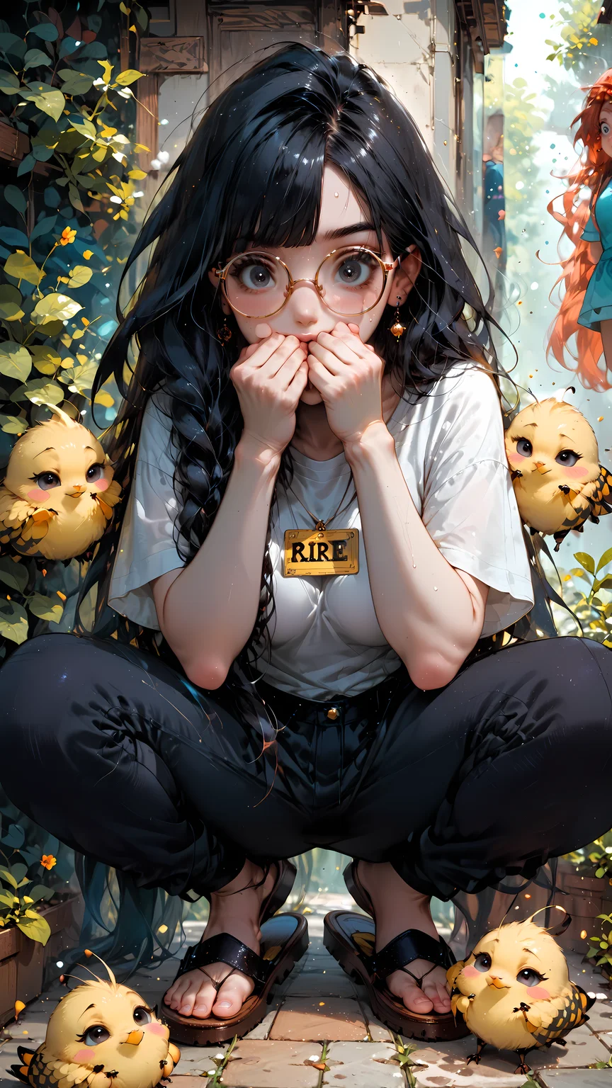 score_9, score_8_up, score_7_up, rating_safe, high res image, masterpiece, best quality, photo-enhanced, group,
1girl, black hair trailing ponytail, black eyes, sparkling eyes, bright eyes, starburst eyes, long hair, bangs, medium breasts, large glasses,
garden,
sweat pants, white t-shirt, nametag, crouched in front of box, hands over mouth, hiding, floating pollen, wide eyed, scared, looking at bees, slippers, tiered eyes,
<lora:Expressive_H:1> <lora:princess_xl_v2:1> <lora:Fant5yP0ny:1> <lora:Vixons Pomy Styles Gothic Neon:.45> <lora:HKStyle_V3:1>