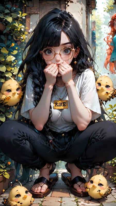 score_9, score_8_up, score_7_up, rating_safe, high res image, masterpiece, best quality, photo-enhanced, group,
1girl, black hair trailing ponytail, black eyes, sparkling eyes, bright eyes, starburst eyes, long hair, bangs, medium breasts, large glasses,
garden,
sweat pants, white t-shirt, nametag, crouched in front of box, hands over mouth, hiding, floating pollen, wide eyed, scared, looking at bees, slippers, tiered eyes,
<lora:Expressive_H:1> <lora:princess_xl_v2:1> <lora:Fant5yP0ny:1> <lora:Vixons Pomy Styles Gothic Neon:.45> <lora:HKStyle_V3:1>