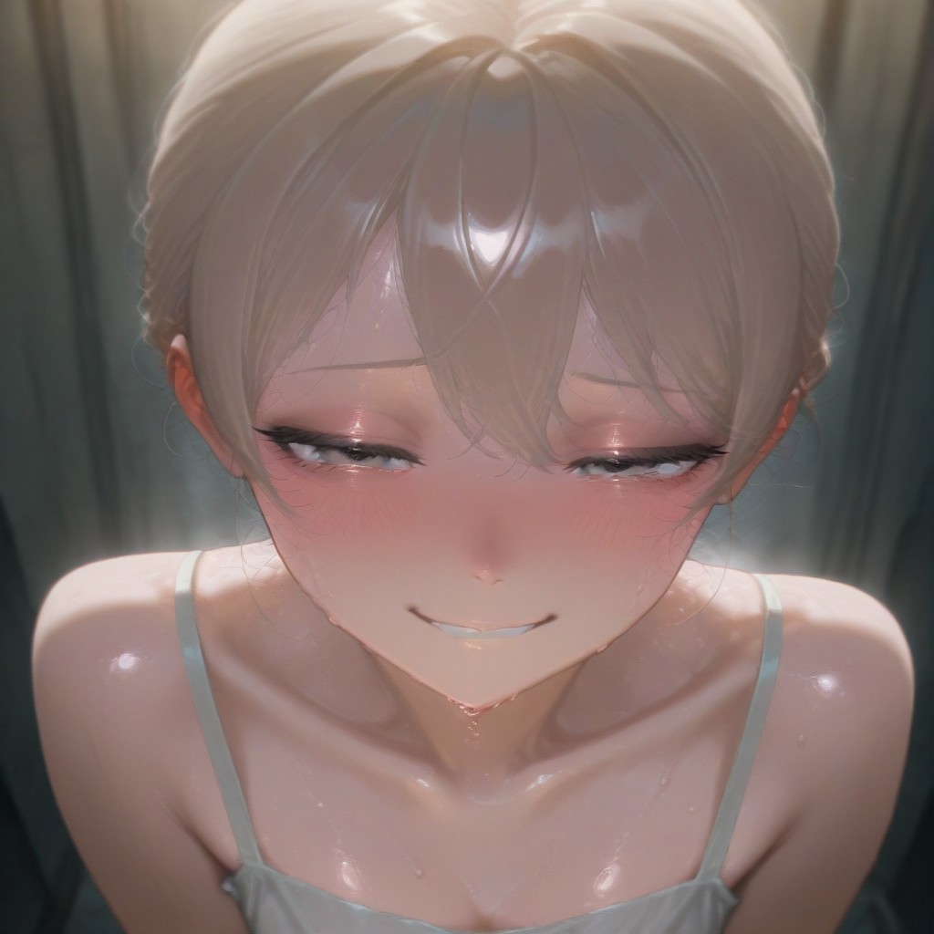 1girl, solo, sad, smile, tear, sweat, shameful, blush, masterpiece, best quality, updo hair