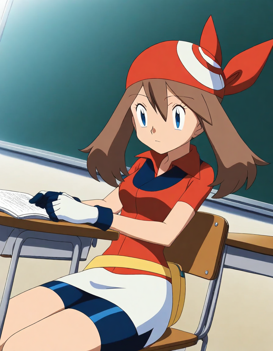score_9, score_8_up, score_7_up, source_anime, <lora:pokemon-may-anime-illustrious-lora-nochekaiser:1>, pokemonmay, 1girl, may (pokemon), blue eyes, brown hair, bandana, long hair, red bandana, twintails, hair between eyes,, bike shorts, collared shirt, gloves, microskirt, multicolored shirt, pencil skirt, red shirt, shirt, short sleeves, skirt, white skirt,, classroom, chalkboard, day time, studying, sitting, chair, desk,, , , v,, solo,, cowboy shot, dutch angle, solo