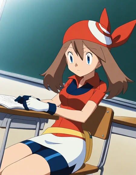 score_9, score_8_up, score_7_up, source_anime, <lora:pokemon-may-anime-illustrious-lora-nochekaiser:1>, pokemonmay, 1girl, may (pokemon), blue eyes, brown hair, bandana, long hair, red bandana, twintails, hair between eyes,, bike shorts, collared shirt, gloves, microskirt, multicolored shirt, pencil skirt, red shirt, shirt, short sleeves, skirt, white skirt,, classroom, chalkboard, day time, studying, sitting, chair, desk,, , , v,, solo,, cowboy shot, dutch angle, solo
