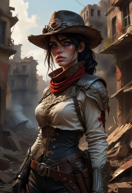 post-apocalyptic lady desperado standing amidst the ruins of a decimated city, piercing blue eyes filled with determination and resolve, flowing black hair partially concealed under a weathered wide-brimmed hat, pale skin contrasting sharply with her dark, tattered attire, adorned with makeshift armor and scavenged gear, fingers lightly resting on the hilt of a rusted yet deadly revolver, bandolier of bullets slung across her chest, backdrop of crumbling buildings and overgrown vegetation, distant plumes of smoke rising into a blood-red sky, air thick with the scent of ash and decay, subtle details of dried blood and dirt on her face and hands, her steely gaze focused on an unseen threat, use of 'photorealistic', '8k', 'hyper-detailed', 'post-apocalyptic', 'dramatic lighting' to emphasize her fierce and resilient nature, 'depth of field' to create an immersive effect, 'HDR' for realistic lighting effects, 'ambient occlusion' to enhance the texture and shadows of the scene