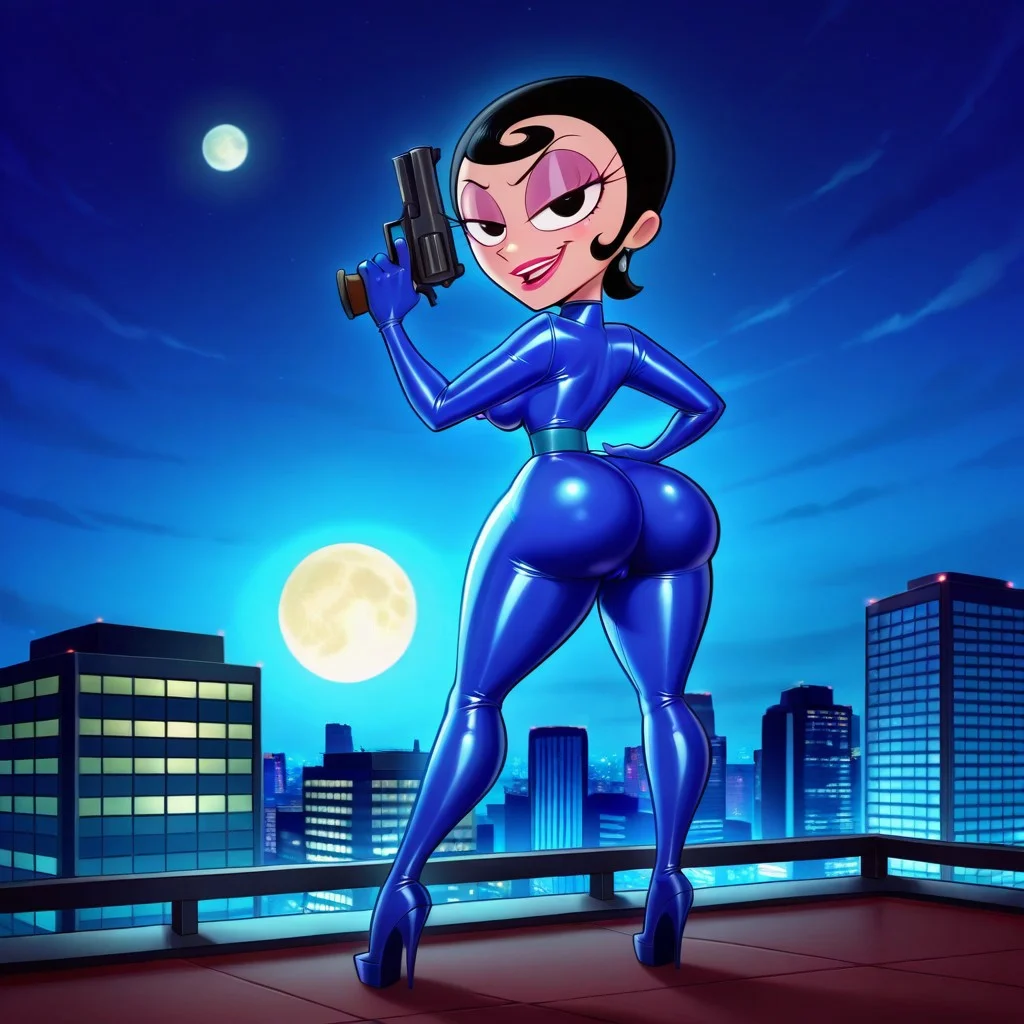 score_9, score_8_up, score_7_up, solo, 1girl, xhoneydewx, black hair, short hair, black eyes, lipstick, makeup, blue catsuit, latex catsuit, full body catsuit, gloves, long heels, cptnjerk, nipple bulge, cameltoe, tall, long legs, standing straight, ((from behind)), focus on ass, looking at viewer, upper body turned, wide stance, huge ass, tiny waist, right hand holding handgun, left hand on hip, ((full body shot)), smirk, city, city skylight, city rooftop, night-time, moon, moonlight, outdoor lighting, dynamic lighting, detailed background,