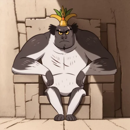 Score_7_up, score_8_up,
BREAK,
full body, 1koto, black and white fur, scars on chest, sitting, elbow on knees, sitting on throne, frown, crown,