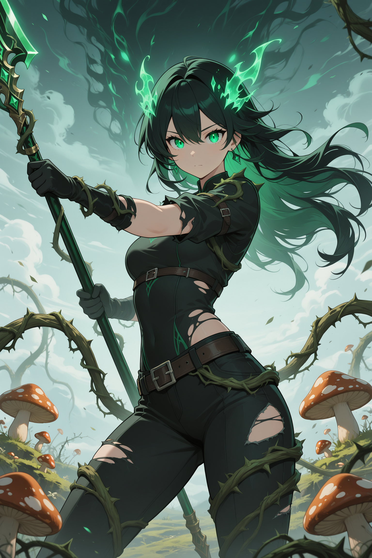 masterpiece, best quality, 1girl, green eyes, holding, black hair, glowing, dendro_element, long hair, weapon, polearm, solo, cowboy shot, pants, holding polearm, holding weapon, gloves, shirt, looking at viewer, black pants, green hair, black gloves, glowing eyes, belt, black shirt, hair between eyes, torn clothes, multicolored hair, earrings, jewelry, standing, mushroom, closed mouth, spear, cloud, outdoors, sky, vines, colored inner hair, dynamic pose, splash_art, perfect anatomy <lora:genshin_inspired_splash_art_v2-11:1>