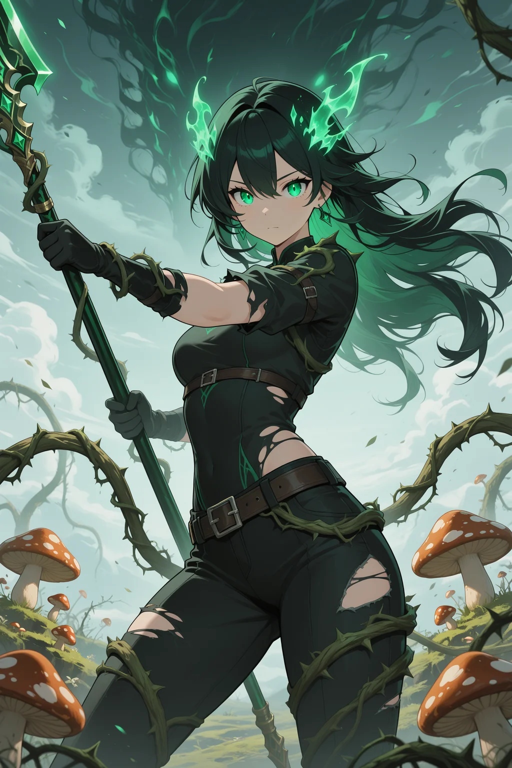 masterpiece, best quality, 1girl, green eyes, holding, black hair, glowing, dendro_element, long hair, weapon, polearm, solo, cowboy shot, pants, holding polearm, holding weapon, gloves, shirt, looking at viewer, black pants, green hair, black gloves, glowing eyes, belt, black shirt, hair between eyes, torn clothes, multicolored hair, earrings, jewelry, standing, mushroom, closed mouth, spear, cloud, outdoors, sky, vines, colored inner hair, dynamic pose, splash_art, perfect anatomy <lora:genshin_inspired_splash_art_v2-11:1>