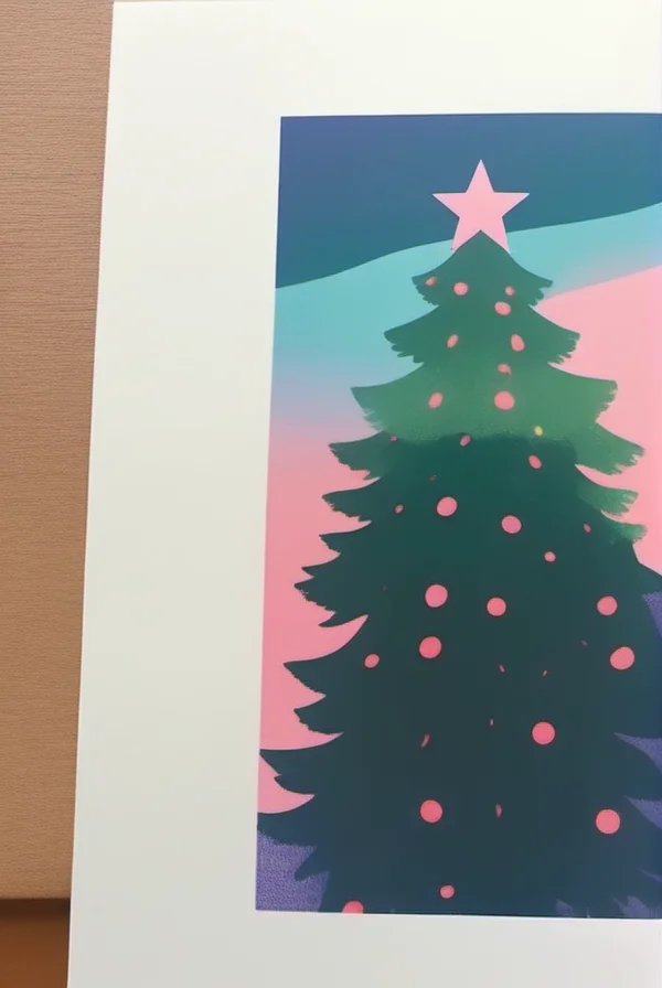 best quality, risograph, christmas tree, greeting cards, soft tones, clean lines, realism, <lora:risograph-sdxl:1>