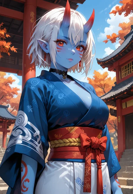 score_9, score_8_up, score_7_up, detailed background, dynamic angle, volumetric lighting, godrays,perfection,perfect, 1girl, 25 years old, perfect face, cute, petite, red eyes, white hair, short hair, messy hair, crossed bangs, hair between eye, pointy ears, black choker, (blue skin:1.2), (oni:1.2), blue oni, facial tattoo, kimono, tattoos, Japanese architecture, temple, autumn, cowboy shot, source_cartoon, rating_questionable,<lora:add-detail-xl:2>,<lora:hand 4:0.7>,<lora:curvature slider_last:8>,<lora:xl_more_art-full_v1:0.9>,<lora:Fant5yP0ny:0.8>,<lora:detailed_notrigger:1>,<lora:SimplePositive_XL_v1_test_AutoRunMech:2>