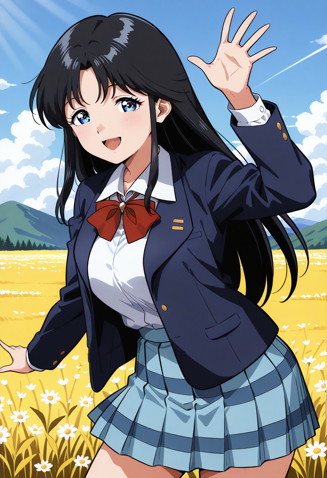 sr5_aya, retro artstyle, blue eyes, black hair, long hair, sidelocks, school uniform, red bowtie, blazer, long sleeves, blue jacket, open jacket, white shirt, collared shirt, blue skirt, plaid skirt, <lora:SR5_aya_illustrious_ver1:0.8> 
smile,, masterpiece, best quality, general,, 1girl, solo, (field:1.2), (blue sky:1.2), looking at viewer,, (cowboy shot, dynamic pose:1.4),