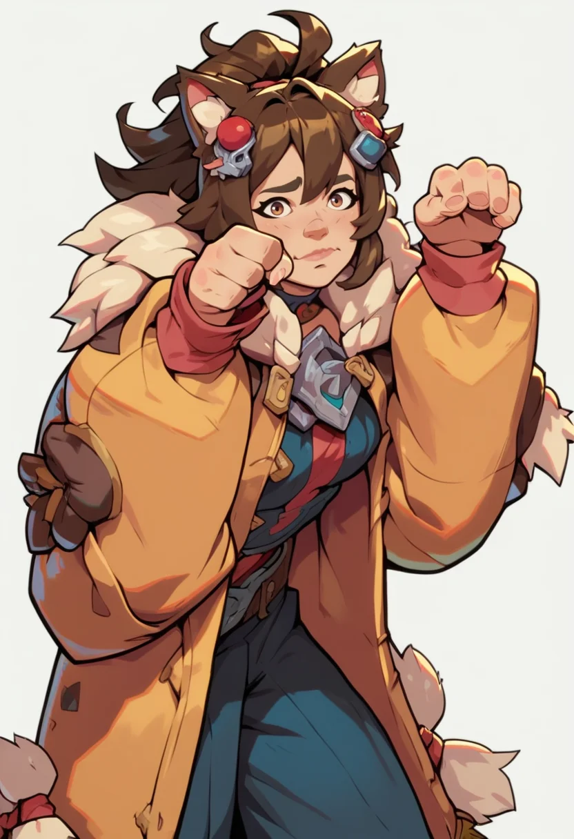 score_9, score_8_up, score_7_up, vikin girl, plump, big coat, fluffy clothes, from side, front, leaning forward, paw pose, nervous, looking at viewer, simple white background, dynamic pose, cowboy shot, brown hair, big pants, hair ornament,
<lora:2XKO_style:1>, 2XKO,