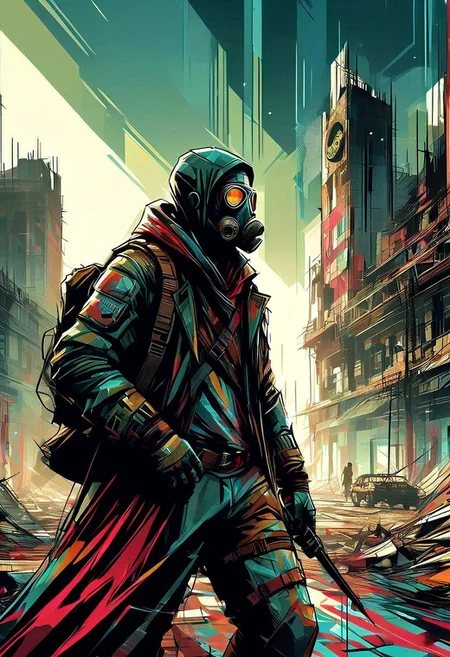 A rugged post-apocalyptic survivor in scavenged armor and a gas mask stands amidst the ruins of a devastated city. Abandoned vehicles, crumbling buildings, haze, extreme close-up, portrait, desolate atmosphere.