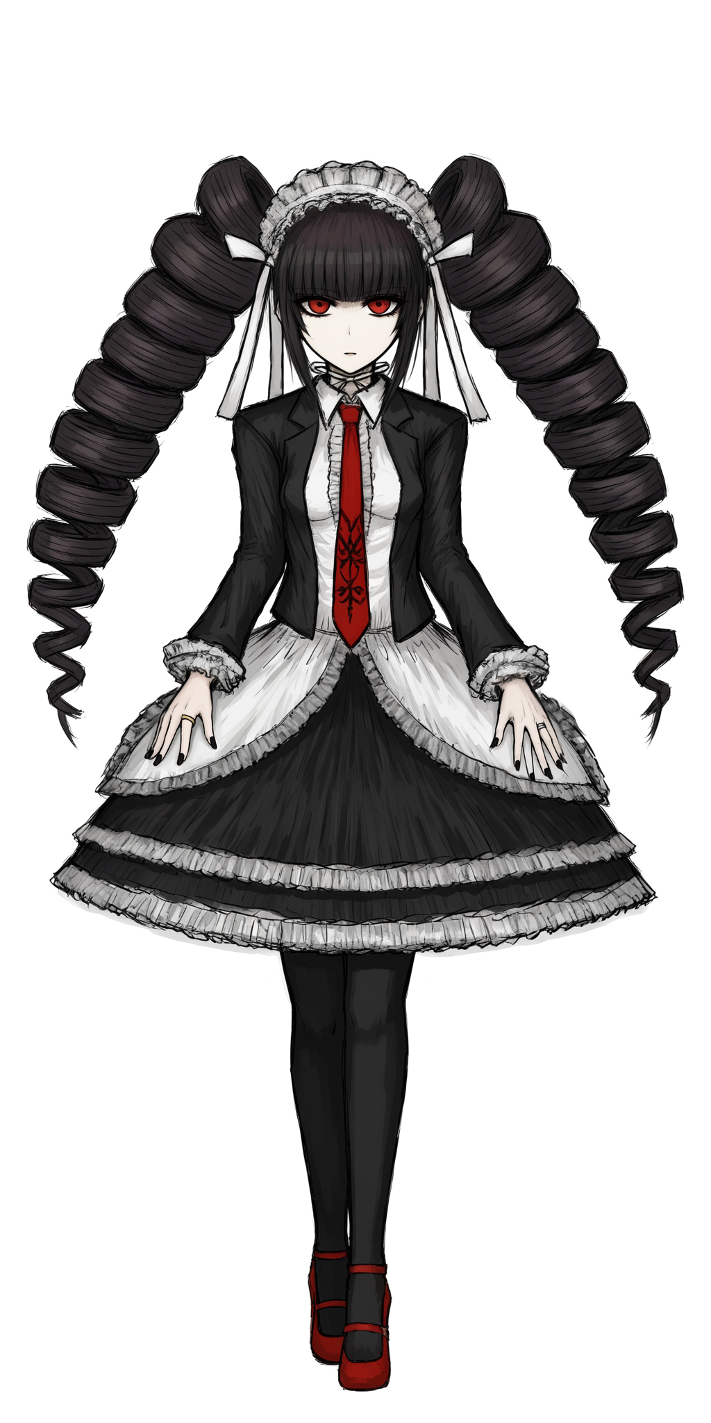 solo, looking at viewer , <lora:Black_souls_style:0.8> , <lora:celestia_pony_v3:0.4>, celestia ludenberg, long hair, twintails, twin drills, drill hair, bangs, black hair, red eyes,white shirt, frills, print necktie, black skirt, nail polish, open jacket, black jacket, red necktie, red flower, black nails, twin drills, pale skin, gothic fashion, holding flower, center frills, bonnet, claw ring, cowboy shot, frilled sleeves, frilled skirt, collared shirt,red high heel shoes,small breasts, covered nipples, Ultra fine depiction of details, Ultra fine characterization of light and shadow, color sketch, 32k, A super beautiful woman,simple white background, high quality, best quality, standing, full-length, <lora:age_slider_v4:0>, black souls style