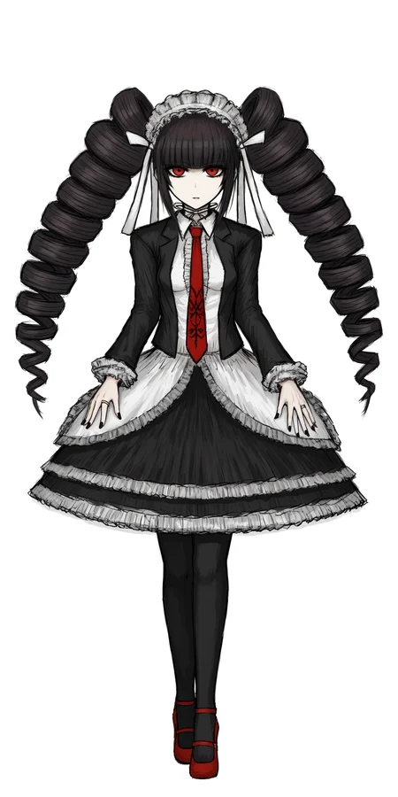 solo, looking at viewer , <lora:Black_souls_style:0.8> , <lora:celestia_pony_v3:0.4>, celestia ludenberg, long hair, twintails, twin drills, drill hair, bangs, black hair, red eyes,white shirt, frills, print necktie, black skirt, nail polish, open jacket, black jacket, red necktie, red flower, black nails, twin drills, pale skin, gothic fashion, holding flower, center frills, bonnet, claw ring, cowboy shot, frilled sleeves, frilled skirt, collared shirt,red high heel shoes,small breasts, covered nipples, Ultra fine depiction of details, Ultra fine characterization of light and shadow, color sketch, 32k, A super beautiful woman,simple white background, high quality, best quality, standing, full-length, <lora:age_slider_v4:0>, black souls style