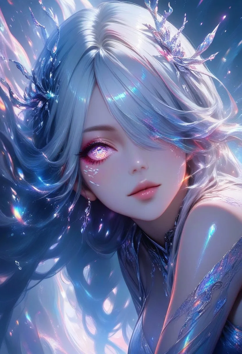 A hyper-realistic of a curvaceous and busty long haired woman with icy white hair with long bangs, hair over one eye, and pale, flawless skin. Her eyes are bright light blue, almost glowing, with digital patterns reflecting in them. Her lips are a glittering light pink, glossy and perfectly shaped. The background is an abstract, digital landscape, with soft gradients and blurred shapes, creating a dreamy, otherworldly atmosphere. semi-transparent frilled with fabric layers that cling to the skin, creating a subtle, alluring effect with the water enhancing the texture and Soft, Flowing Skirt realistic shine to the hair, with soft highlights following the natural flow and texture. Add subtle variations in color and thickness for a more dynamic look. soft, glossy texture to the lips, with realistic reflections and subtle texturing to emphasize the natural folds and curves. intricate details to the eyes, with a reflective, slightly glossy sclera and subtle shading to create depth. a delicate eyeliner with a soft wing, blending gently into the lash line to enhance the eyes without overpowering the natural beauty. smiling seductively, she leans against a wall with one leg bent, exposing the skin above her stockings and garters, Light coral dress ,Fantasy_eyes, Deer Queen