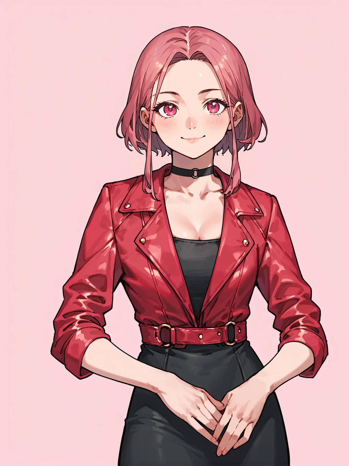 score_8_up, score_7_up, score_6_up, source_anime, 1girl, solo, simple background, pink background,
standing, pose, contrapposto, arched back, cowboy shot, facing viewer
smile,
red jacket, black dress, black choker
<lora:silenthillmaria:1>