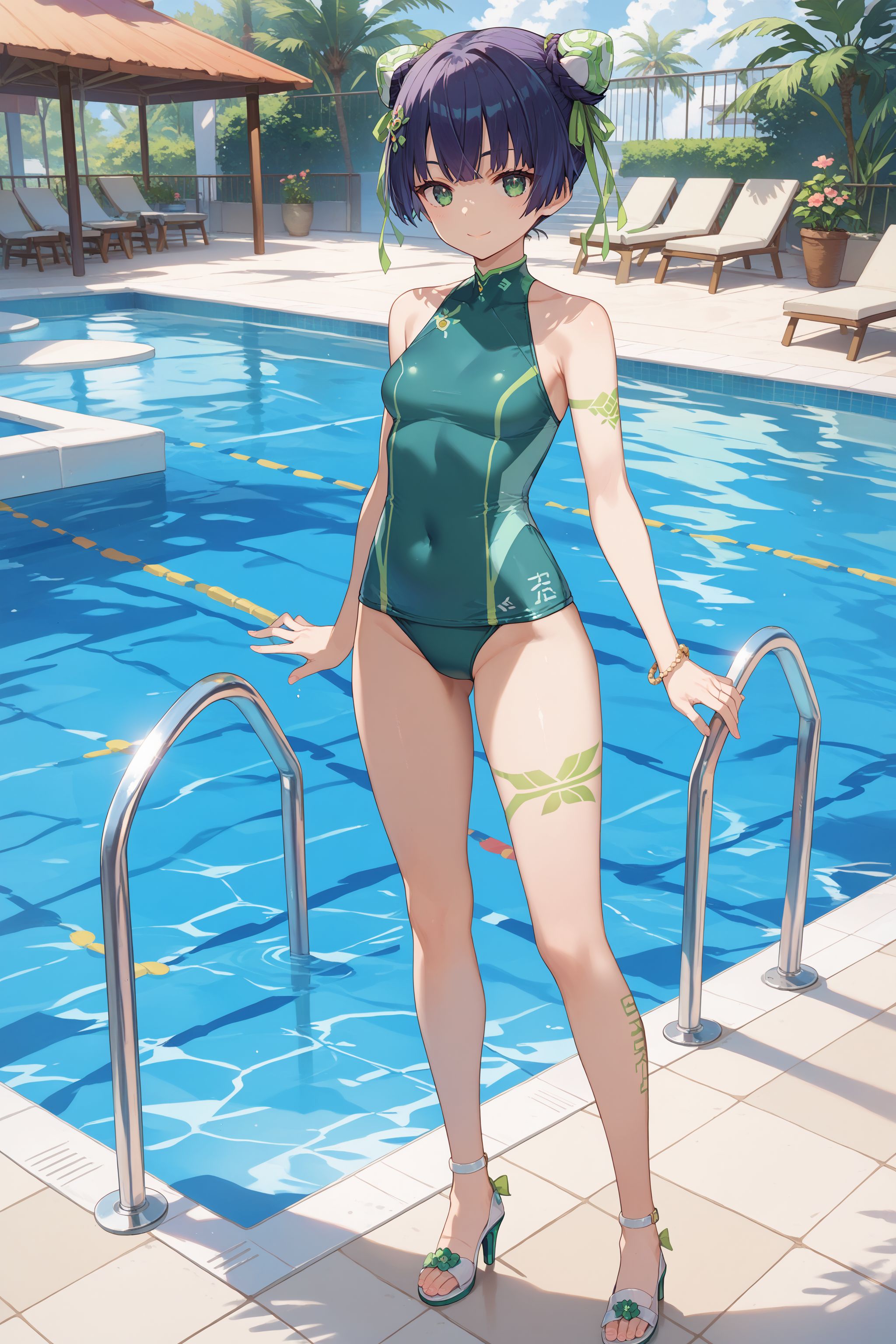 score_max, (score_9, score_8_up, score_7_up:1.2), score_6_up, official art,
masterpiece, absurdres, high detail, 8k,
pool, water slider, poolside,
standing, light smile,
ddphikari, hair ornament, double bun, bun cover, green ribbon, green one-piece swimsuit, leg tattoo, heels,
<lora:XL_Pony_gomaotsu-hikari-t1:0.8>