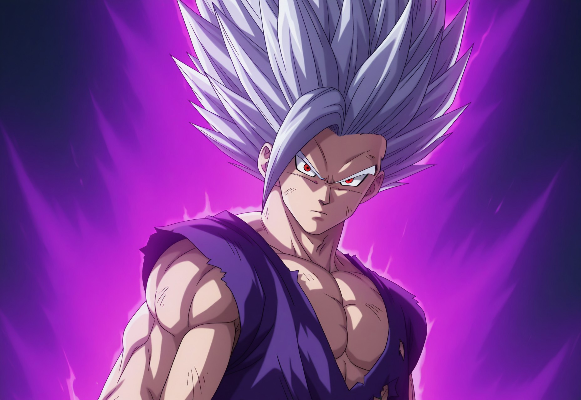 masterpiece, best quality, anime screencap, side view, looking at viewer, anime coloring, official style, DBSSHBTGohan, 1boy, spiked hair, light grey hair, red eyes,  torn clothing, purple dougi, black wristbands, purple pants, muscular male, aura, luminous purple and blue aura, sharp jagged energy waves, Kipowerup, , dark background 