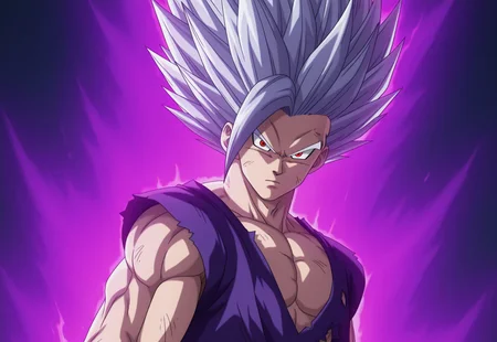 masterpiece, best quality, anime screencap, side view, looking at viewer, anime coloring, official style, DBSSHBTGohan, 1boy, spiked hair, light grey hair, red eyes, torn clothing, purple dougi, black wristbands, purple pants, muscular male, aura, luminous purple and blue aura, sharp jagged energy waves, Kipowerup, , dark background