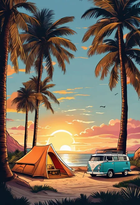 A lively and vibrant realistic illustration of a beach camping scene at sunset. The tent is pitched near the water, with a vintage camper van parked nearby. A crackling campfire is centered between the tent and the van, casting warm and inviting light. Palm trees sway gently in the background, with the sun setting majestically, casting a golden hue over the entire scene. The cartoon-like style incorporates bold colors and exaggerated features, giving the image a cheerful and whimsical atmosphere, lineart