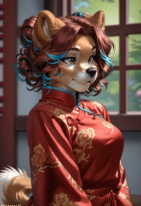 score_9, score_8_up, score_7_up, (by kittydee:1.5), (by jailbird:1.5), (by zummeng:1.5), masterpiece, best quality,
(Furry Art: Anthro: chow chow:1.5), 1girl, expressive eyes, feminine eyes, perfect face, feminine face, dog, canine, (fluffy fur:1), dog ears, curled dog tail, reddish-brown fur, brown eyes, (reddish brown hair with pastel blue highlights:1.5), curly hair, chinese hair buns, medium breasts, chinese clothing, depth of field, foreshortening,