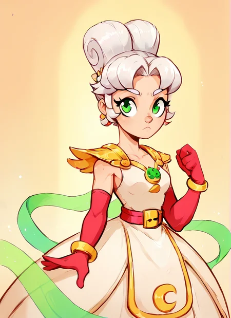 score_9, score_8_up, score_7_up, <lora:lunpiper:1>lunpiper , 1 girl , solo , white hair, doble high ponytail, double bun, green eyes, yellow Shoulder pads ,white dress, dress, red belt , red elbow gloves, yellow bracelet, looking at viewer, <lora:Aer0Zer0_Artist_Style:1>aerozerorisk