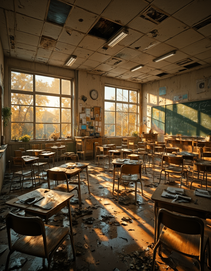 <lora:CW02_Lost_Officev2fluxc:1>  This classroom exudes a warm, nostalgic, and peaceful atmosphere, captured beautifully in soft, golden sunlight streaming through the windows. It feels like a snapshot of a quiet morning, just before students arrive or perhaps long after theyâve gone, leaving behind only the echo of their presence.
The room is filled with neatly arranged wooden desks and chairs, all facing toward a green chalkboard on the right side. The furniture is vintageâsimple and timeworn, with warm tones that enhance the cozy feeling of the space. Each desk is slightly different in position, some with papers, notebooks, or books left behind, adding to the realism and subtle storytelling of the scene.
The walls and ceiling are a uniform, slightly faded neutral brown, giving the space a muted, contemplative tone. The chalkboard is filled with handwritten content, presumably lessons or notes, and sunlight reveals chalk dust and faint erasure marks that hint at a long history of use.
At the back of the room stands a wooden teacherâs desk beneath large square windows that dominate the far wall. Outside, the view is of leafy trees and gentle hills bathed in golden morning light, suggesting a rural or suburban setting. More light pours in through windows on the left wall, creating long diagonal shadows across the wooden floor and dancing flecks of dust in the air.
A cork bulletin board next to the window displays papers, notes, and student work, contributing to the lived-in, educational feel. Overhead, the ceiling is lined with fluorescent tube lights, though they are turned offâthe natural light is more than enough to illuminate the room.
The entire setting feels timeless, as though it could be from the 1980s, 1990s, or even today in a less modernized school. It's a place of learning, yesâbut also of memories, routine, quiet reflection, and subtle beauty. The light, the wooden textures, and the untouched stillness of the space create a scene that is almost cinematic in its gentle ambiance. A dilapidated classroom, once a place of learning now overtaken by neglect and time. The room is bathed in the soft, golden light of sunset, casting long, haunting shadows across the stained and debris-littered floor. Pools of stagnant water reflect the glow from the windows, giving the space a mirrored eeriness that enhances its abandoned aura.
The walls, once painted a pale sea-green and blue, are now cracked and peeling, revealing signs of water damage and age. Grime clings to the surfaces. One can almost feel the damp air and smell the musty blend of mildew, decay, and old paper. The whiteboard is stained and faintly marked, relics of lessons long past barely legible. Above it, tattered notes still cling to the wall, as if stubbornly resisting the passage of time.
The desks and chairs, mismatched and scattered, are covered in dirt, mold, and damp papers. Some are overturned, others misaligned as though left in a rush or forgotten mid-lesson. A lone plant sits on the windowsill, strangely vivid â either a symbol of resilience or nature slowly reclaiming the space.
The ceiling is patched with mold, and several panels are either missing or sagging. Harsh, broken fluorescent lights hang overhead, unlit, their sterile presence replaced by the warm hues of natural twilight.
A clock on the wall stands frozen in time, suggesting the very moment the room ceased functioning â a poignant touch in this visual narrative of abandonment. Outside the windows, an overgrown thicket of trees glows with backlight from the setting sun, suggesting the world has continued on without this forgotten space.
This image evokes a powerful blend of melancholy, curiosity, and stillness, as though time has paused here, waiting for someone to return â or never return at all.