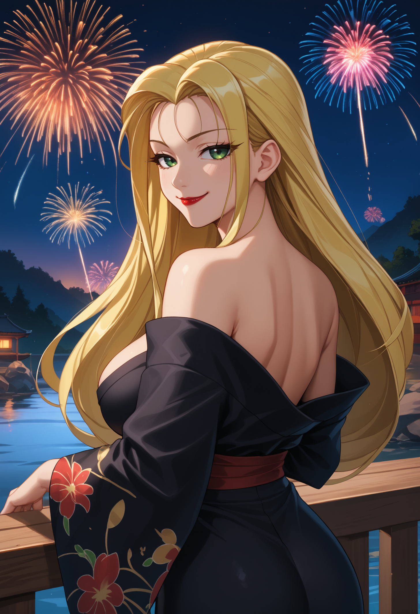 score_9, score_8_up, score_7_up, 1girl, solo, jurabasil, green eyes, red lipstick, blonde hair, long hair, large breasts,
black kimono, off-shoulder kimono,
looking at viewer, looking back, smile, smug, bedroom eyes, nervous, cowboy shot, rear view,
outdoors, night, dark, fireworks, river,
<lora:JuraBasilEldenPDXL_V1-Manityro-CAME:1.0>,