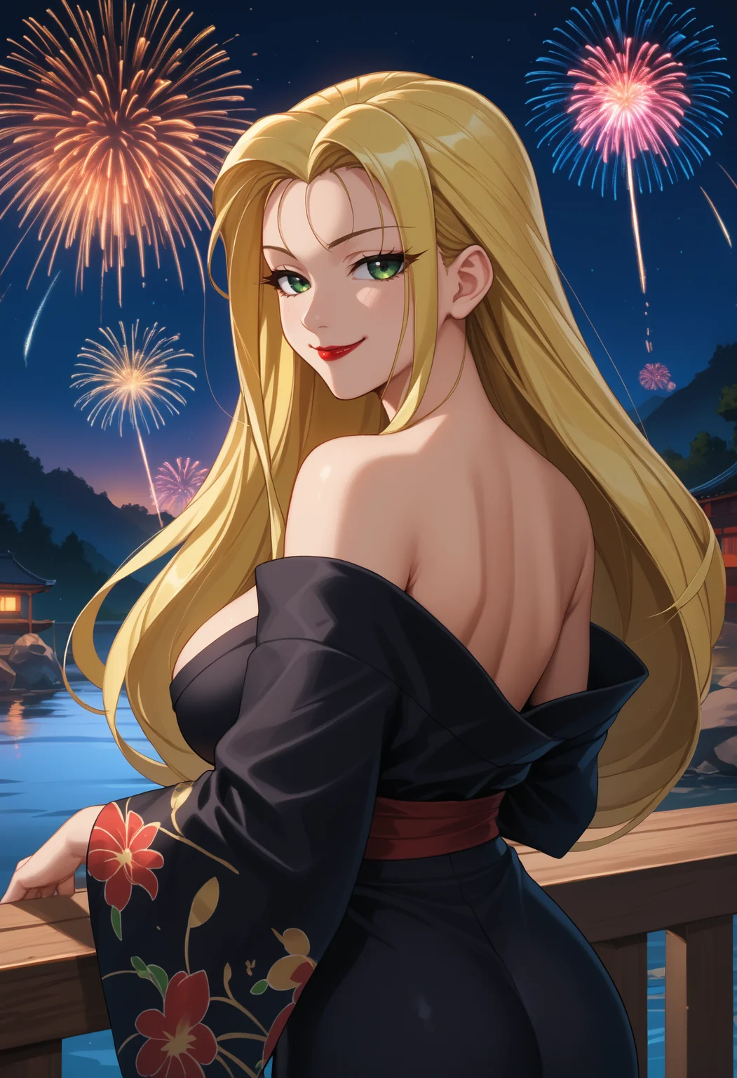 score_9, score_8_up, score_7_up, 1girl, solo, jurabasil, green eyes, red lipstick, blonde hair, long hair, large breasts,
black kimono, off-shoulder kimono,
looking at viewer, looking back, smile, smug, bedroom eyes, nervous, cowboy shot, rear view,
outdoors, night, dark, fireworks, river,
<lora:JuraBasilEldenPDXL_V1-Manityro-CAME:1.0>,