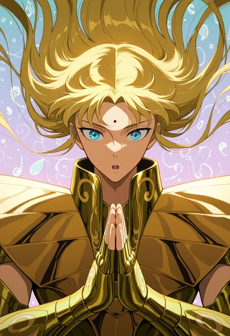 <lora:[Char - IL] Saint Seiya - Shaka (R1E11):1> ss_shaka, virgo armor, blonde hair,
solo, 
upper body, straight-on,
clam, relaxed, :o, blue eyes, bindi, floating hair,
palms together,
BREAK
very awa, best quality, masterpiece, highres,
iridescent, abstract background, pattern, symbol, outlined ohm symbol background, symbolism,
simple background, gradient background,