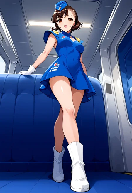 View from below, exelent Quality, very detailed picture, solo, Yumi Omura, medium hair, Brown eyes, medium breast, (suit 03, stewardess, blue dress, short dress, shoulder pads, clothing cut, neckline cut, gloves, garrison cap, white boots), airplane interior, seats, passengers, service cart