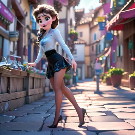 femme 40 ans, cheveux brun, cheveveux courts carrs , yeux bleus, solo, taille fine, jambes fines, type asiatique, disney, anim, frozen, pumps, hight heels 15 cm, collants noirs, mini-jupe noire, blouse blanche, blouse dans la jupe, marche,