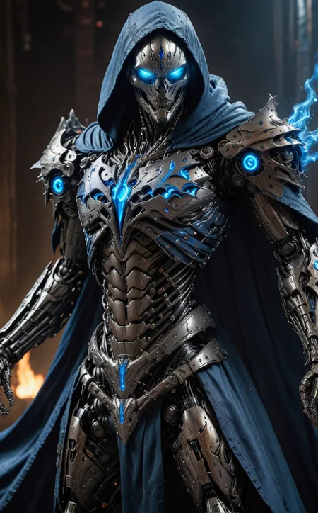 best_quality, masterpiece, highres, vivid colours, Blue cloak, armour, Blue lasers, flames, highly detailed, UHD, <lora:Cinematic_Robot_Cyborg:0.7>, CYBORG