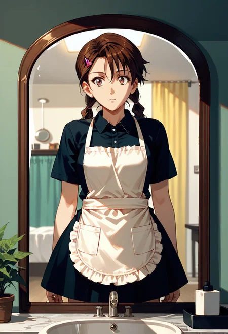 score_9,score_8_up,score_7_up,source_anime, Sakuno Ryuzaki,1girl,solo,skirt,hair ornament,twintails,hairclip,apron,reflection,mirror,