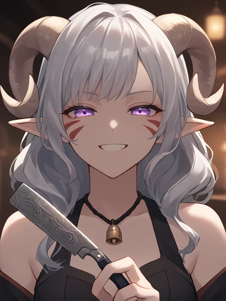source_furry, score_7_up, rating_safe, cowboy shot, close up, source_anime,anime face,<lora:whisker_markings:0.8>red whisker_markings, silver long wavy hair, tavern, bell necklace, short pointy ears, purple eyes, <lora:age_slider_v4:0.6>
Razor_blade, holding Razor_blade,
<lora:Tieflingnew weird fantasyDND:0.3><lora:Smooth Style 2 SDXL_LoRA_Pony Diffusion V6 XL:0.3> smile, open eyes,
<lora:Test_Diana:0.6> tiefling_bard_diana, <lora:INKxXmo shaded face:1> Shaded Face:1.2,INKxXmo Dark Theme,
<lora:Razor_blade:1>