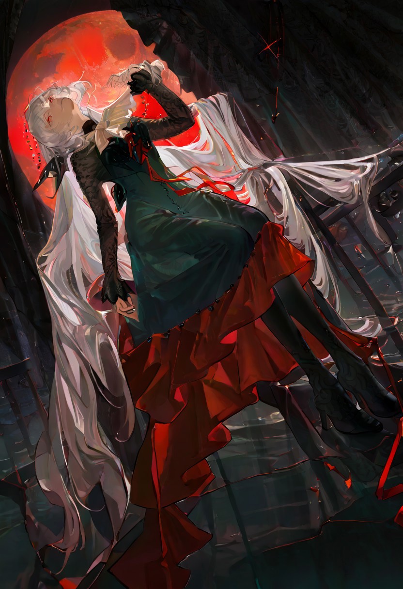 masterpiece, best quality, amazing quality, very aesthetic, absurdres, newest, volumetric lighting, female, female focus, smirk, fuchsia light, red moon, vampire 
BREAK semmelweis \(reverse:1999\), semmelweis-mirror,  white hair,  very long hair, hair ornament, red eyes,  neck ribbon, bow, ascot, green dress,high-low dress, lace sleeves,see-through sleeves,  long sleeves, red trim, long dress,pantyhose,black footwear, high heels,