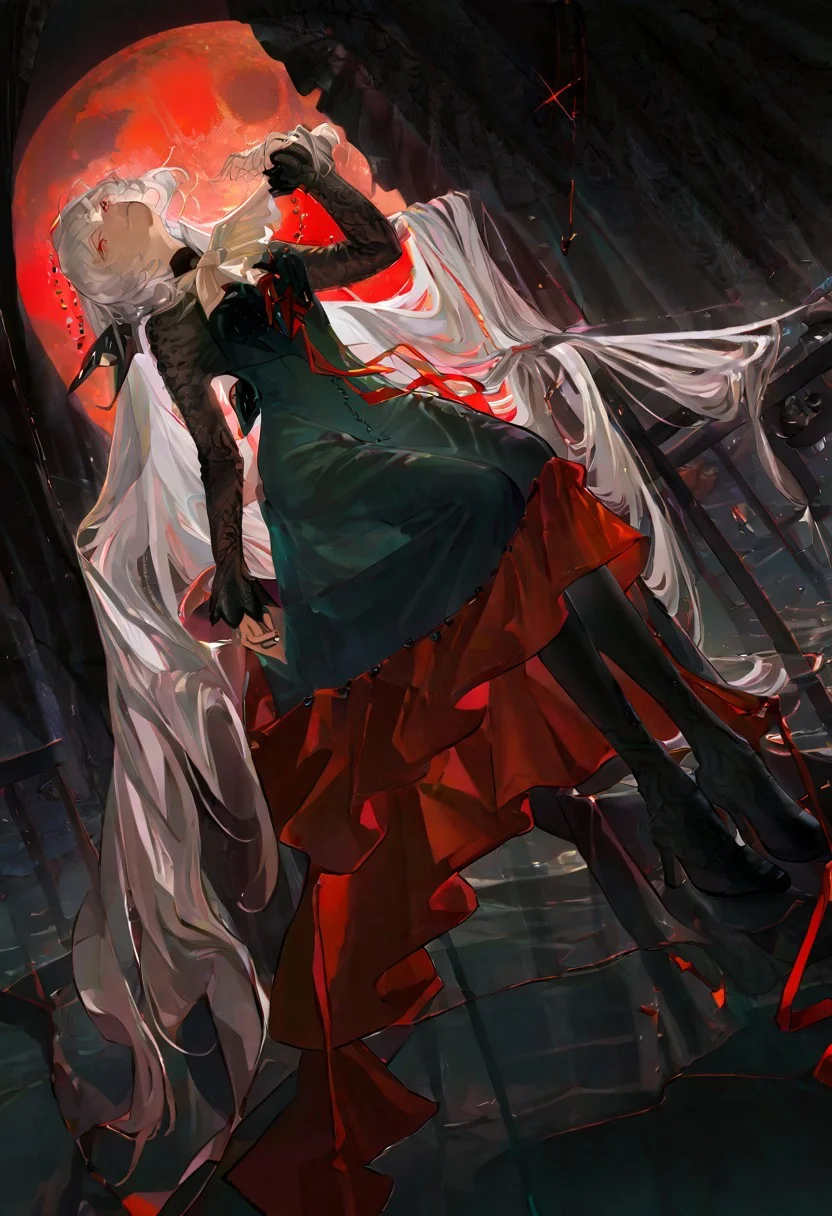 masterpiece, best quality, amazing quality, very aesthetic, absurdres, newest, volumetric lighting, female, female focus, smirk, fuchsia light, red moon, vampire
BREAK semmelweis \(reverse:1999\), semmelweis-mirror, white hair, very long hair, hair ornament, red eyes, neck ribbon, bow, ascot, green dress,high-low dress, lace sleeves,see-through sleeves, long sleeves, red trim, long dress,pantyhose,black footwear, high heels,