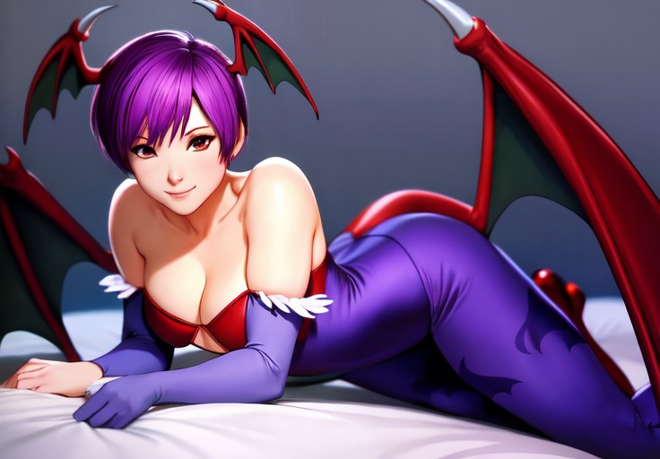 sfw, <lora:darkstalkers_lilith:0.8>, darkstalkers_lilith, seductive smile, lay on bed, (seductive, alluring, charming:1.3), seductive, (ultra-high res, high details, absurdres:1.3)