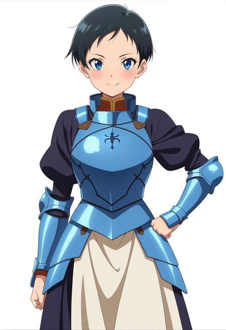 masterpiece, best quality, amazing quality, anime coloring, anime screencap, 1girl, solo, very short hair, black hair, smile, hand on own hip,  simple background, white background,  armored dress,