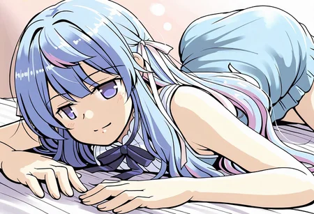 lazypos, character focused, anime girl, blue hair, soft lighting, pale skin, laying pose, delicate fingers, relaxed expression, pastel colors, short dress, ribbon details, bed surface, gentle shading, calm atmosphere, blue palette, light tones, subtle highlights, modern anime, clean outlines, minimal background, tsuzustyle