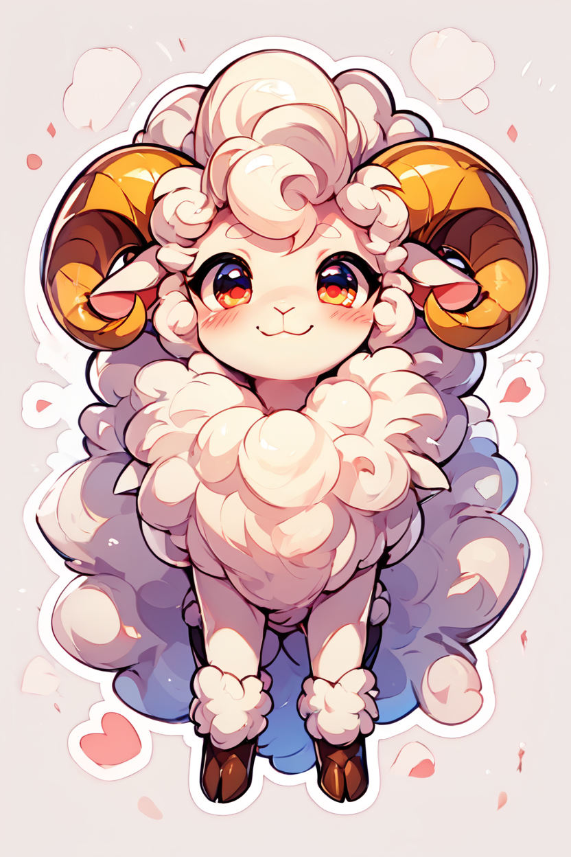 score_9, score_8_up, score_8,  BREAK,  solo, looking at viewer, blush, smile, closed mouth, horns, no humans, :3, sheep, fluffy, abstract background, white outline,    embedding:zPDXL, Expressiveh,   <lora:KawaiiKritterPDXL:0.8>,  <lora:CatalystStylePDXL:0.6>,  <lora:SDXLFaeTastic2400:0.5>,  <lora:Expressive_H-000001:0.4>,