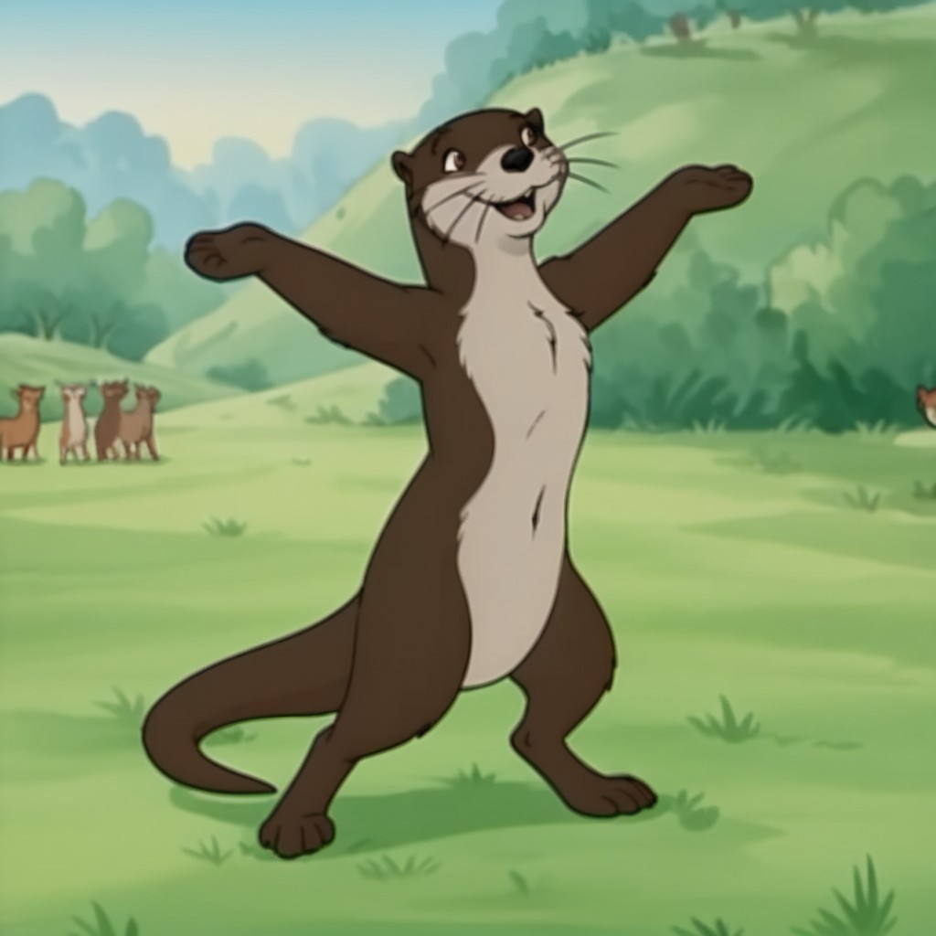 score_9, score_8_up, score_7_up, score_6_up, score_5_up, score_4_up, source_furry, otterfrnkln, semi-anthro, female, otter, brown fur, whiskers, outside, dancing, in a field