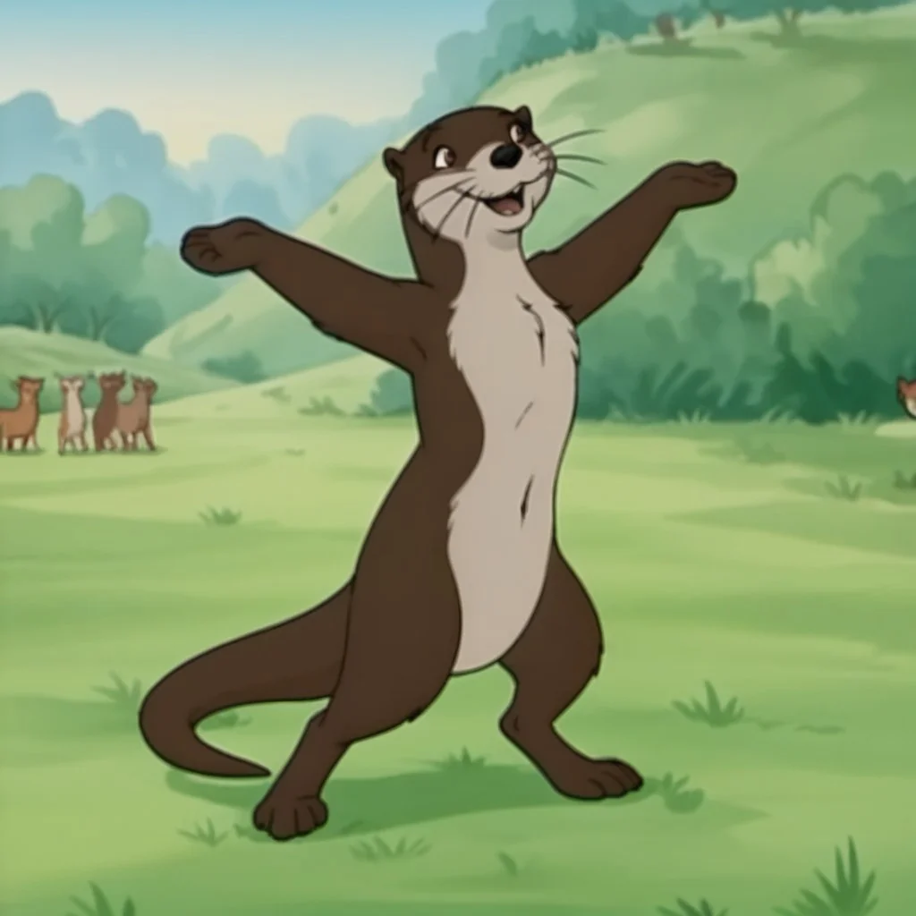 score_9, score_8_up, score_7_up, score_6_up, score_5_up, score_4_up, source_furry, otterfrnkln, semi-anthro, female, otter, brown fur, whiskers, outside, dancing, in a field