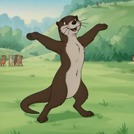 score_9, score_8_up, score_7_up, score_6_up, score_5_up, score_4_up, source_furry, otterfrnkln, semi-anthro, female, otter, brown fur, whiskers, outside, dancing, in a field