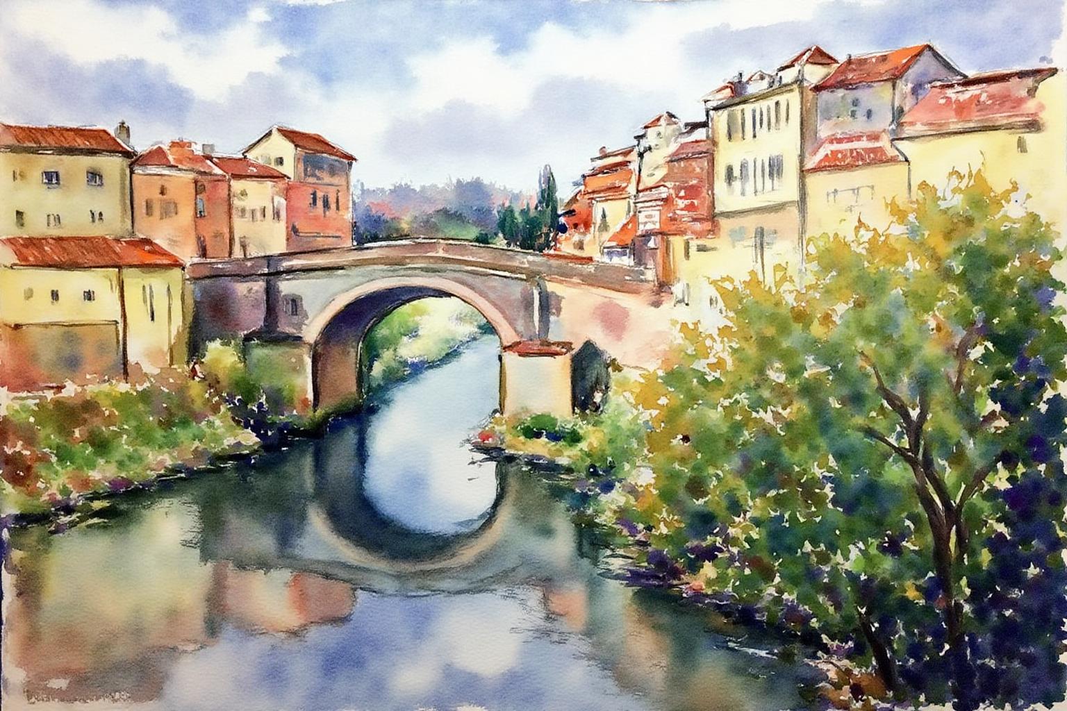 Watercolor.
A European cityscape with a river flowing gently through the heart of the city, lined with buildings. The buildings on the left are painted in warm tones of beige, terracotta, and peach, with a few having red-tiled roofs. There is an arched stone bridge over the river. <lora:watercolor1_nbm_cap_d6a3e12:1.0><lora:838840029821286149:0>