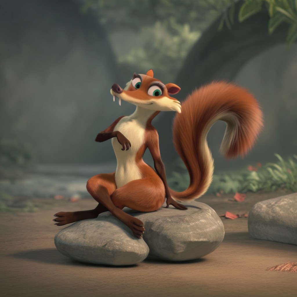 score_9, score_8_up, score_7_up, score_6_up, score_5_up, score_4_up, source_furry, Scrattedotd, semi-anthro, female, squirrel, orange-brown fur, green eyes, fangs, outside, sitting, on a rock, leaking back, crossed legs
