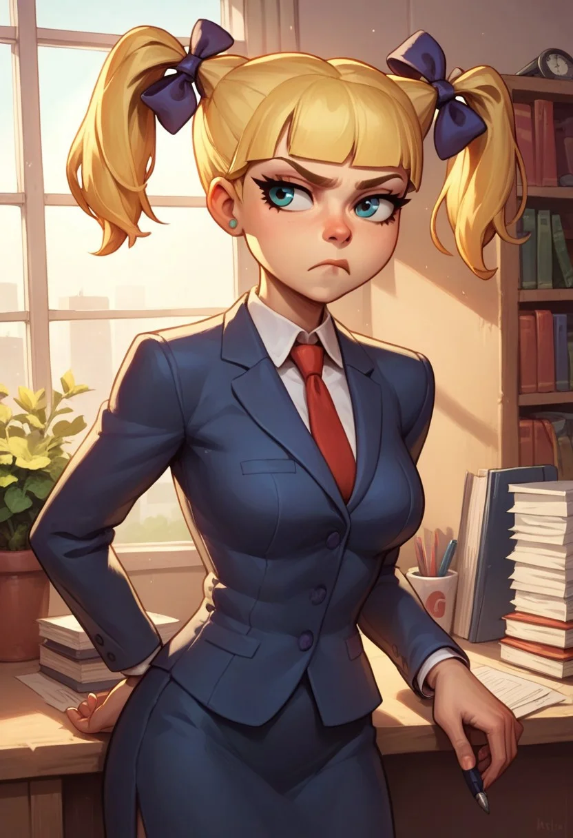 score_8, score_8_up, score_7_up, score_6_up, source_cartoon, BREAK, 1girl. blonde hair, twintails, dress, hair bow, aged up, adult, suit, tie, formal, office, frown