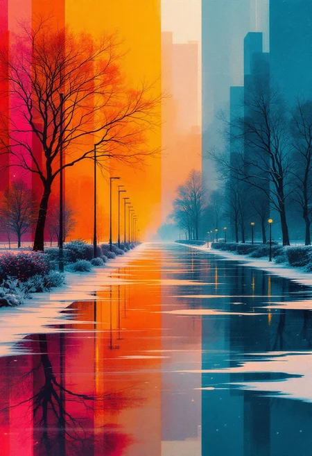 minimalism, abstract, orange, fuchsia, blue, perspective, double exposure, in sumi-e technique, waterfront in winter, surreal, hyper-detailed, intricate details, professional photoshoot, vivid colors, full-scene view